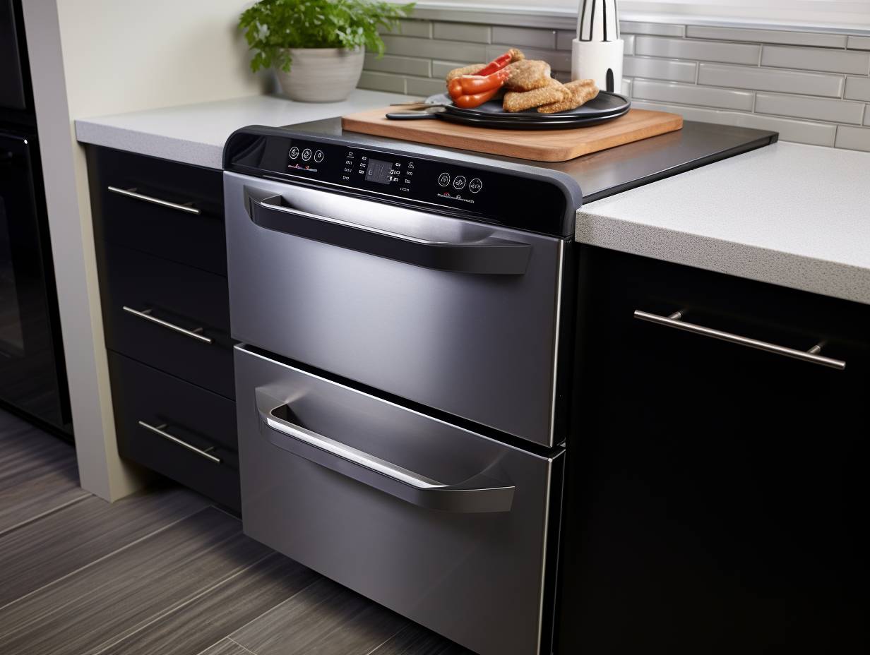 A sleek, modern kitchen countertop with a 2-drawer air fryer prominently positioned. The vibrant LED display, stainless steel finish, and two spacious drawers convey the convenience and versatility of this appliance.