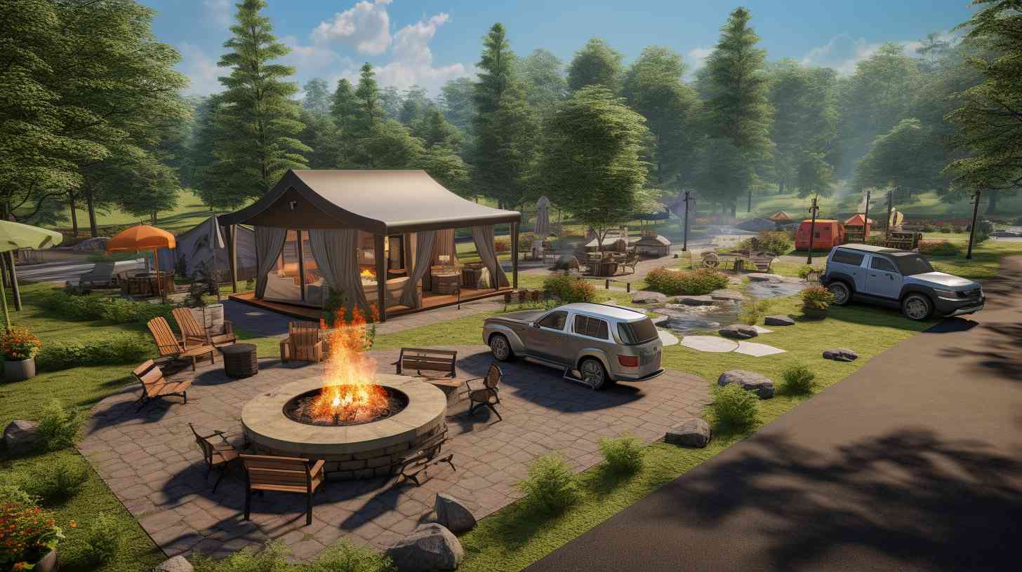 A cozy campsite with an illuminating firepit, spacious picnic area, sparkling restrooms, and a conveniently located water station at a KOA campground.