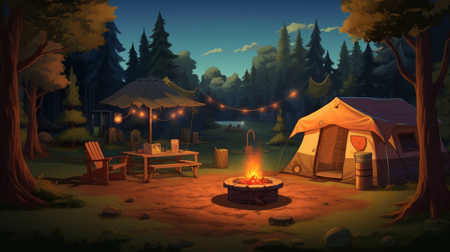 A cozy campsite at a KOA Campground with a car parked beside a tent. The image showcases a campfire, picnic table, and surrounding trees, creating a serene outdoor atmosphere.