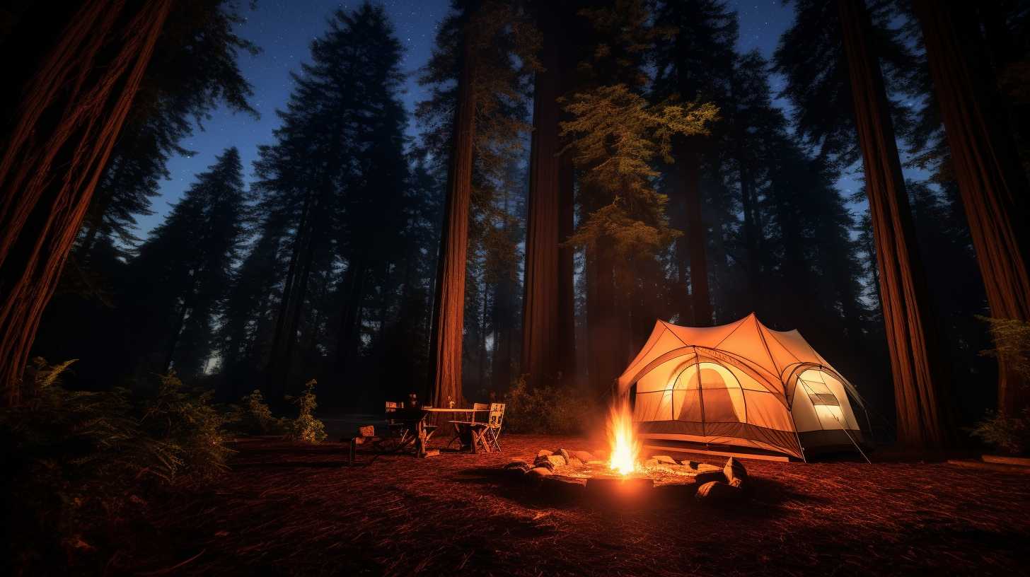 A breathtaking starlit night sky over a cozy campsite nestled amidst towering redwoods in Redwood National Park.