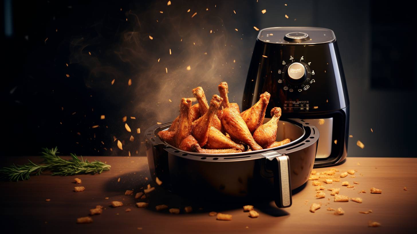 Golden crispy batch of perfectly cooked fries and chicken wings emerging from the Instant Vortex Air Fryer, glistening with a hint of oil.