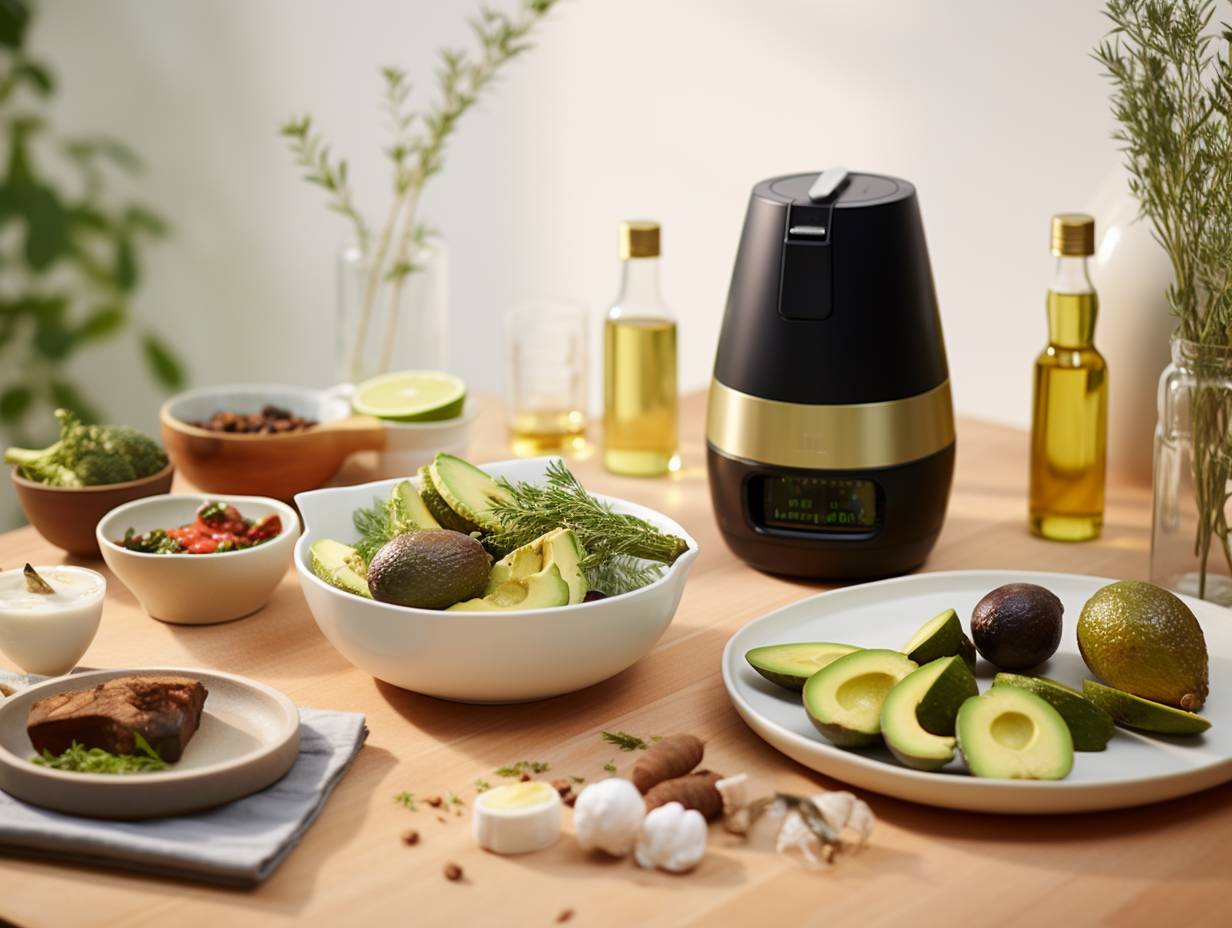 A variety of oils, including extra virgin olive oil, avocado oil, and coconut oil, showcased alongside the Instant Vortex Air Fryer, highlighting the best types of oil to enhance air-fried dishes.