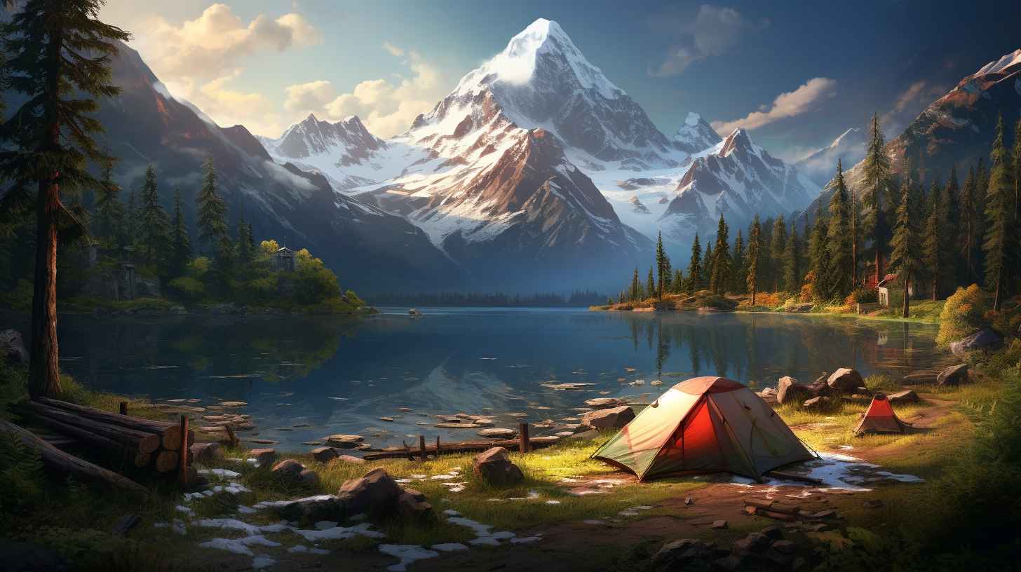 A remote wilderness setting with a tent nestled among towering evergreen trees, a pristine river flowing nearby, and majestic snow-capped mountains in the distance.