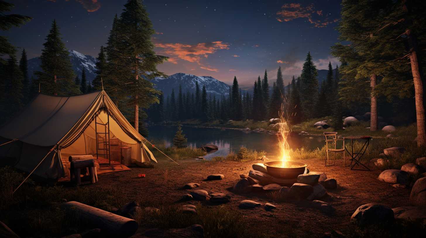 A serene campsite nestled amidst towering pine trees, with a crackling campfire illuminating a cozy tent under a starry sky.