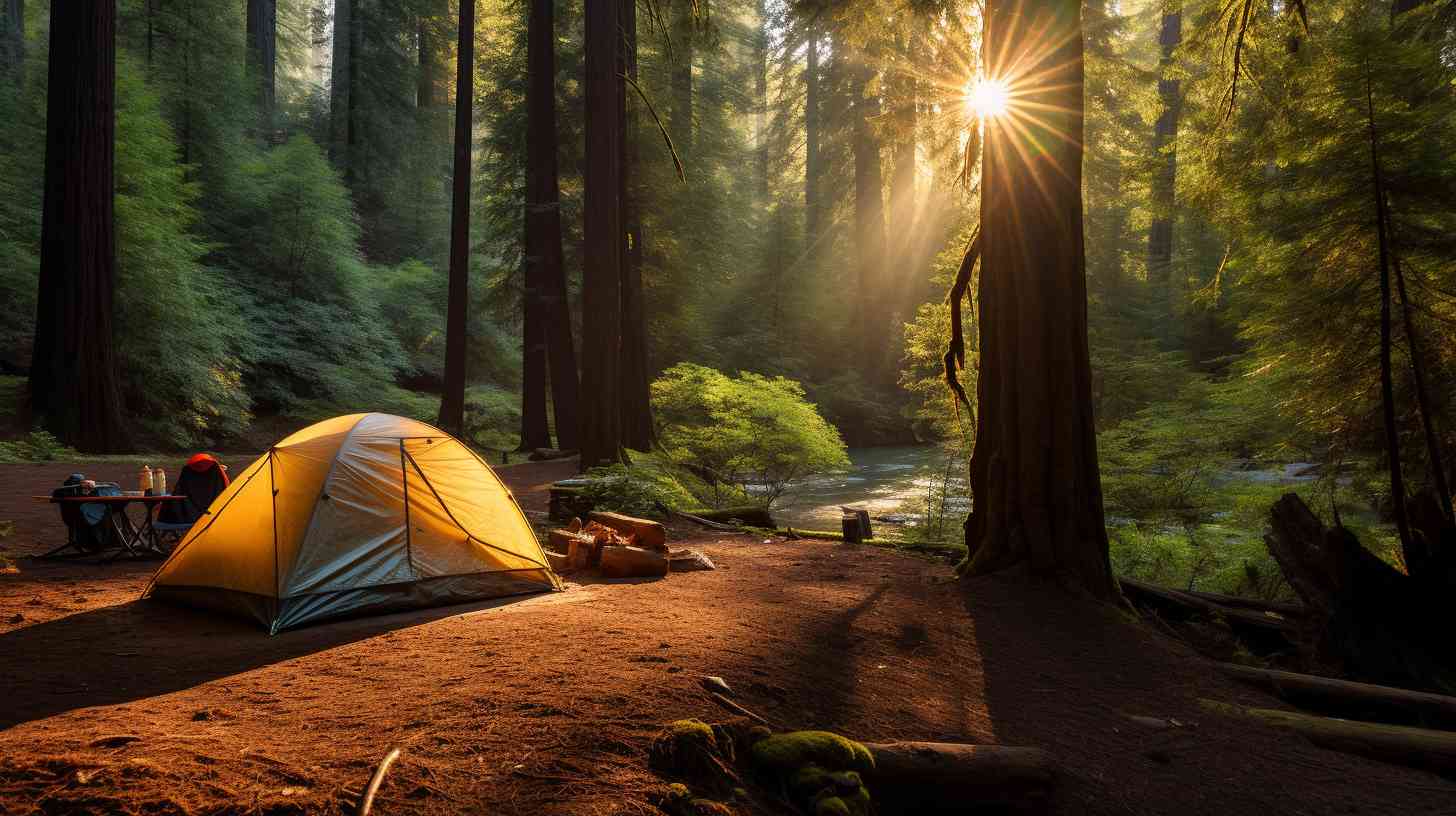 A serene forest clearing with towering trees and dappled sunlight, inviting readers to explore alternative camping experiences.