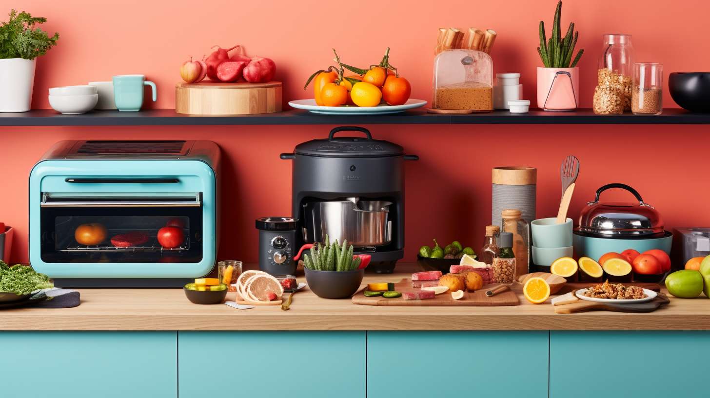 A sleek and modern kitchen countertop with an air fryer at the center, surrounded by vibrant and colorful accessories like baking pans, grill racks, and silicone mats, showcasing their versatility and usefulness.