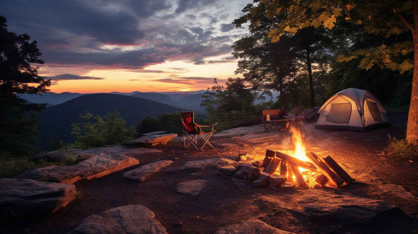 A well-maintained campsite nestled amidst the lush Appalachian Trail scenery, featuring a fire pit with extinguished embers, properly stored food, a Leave No Trace symbol, and a hiker practicing responsible camping etiquette.