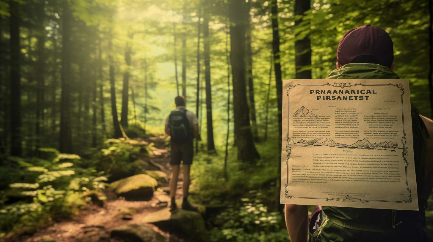 A hiker holding a completed permit application form, standing next to a rustic Appalachian Trail signpost adorned with permit information, surrounded by a lush forest backdrop.