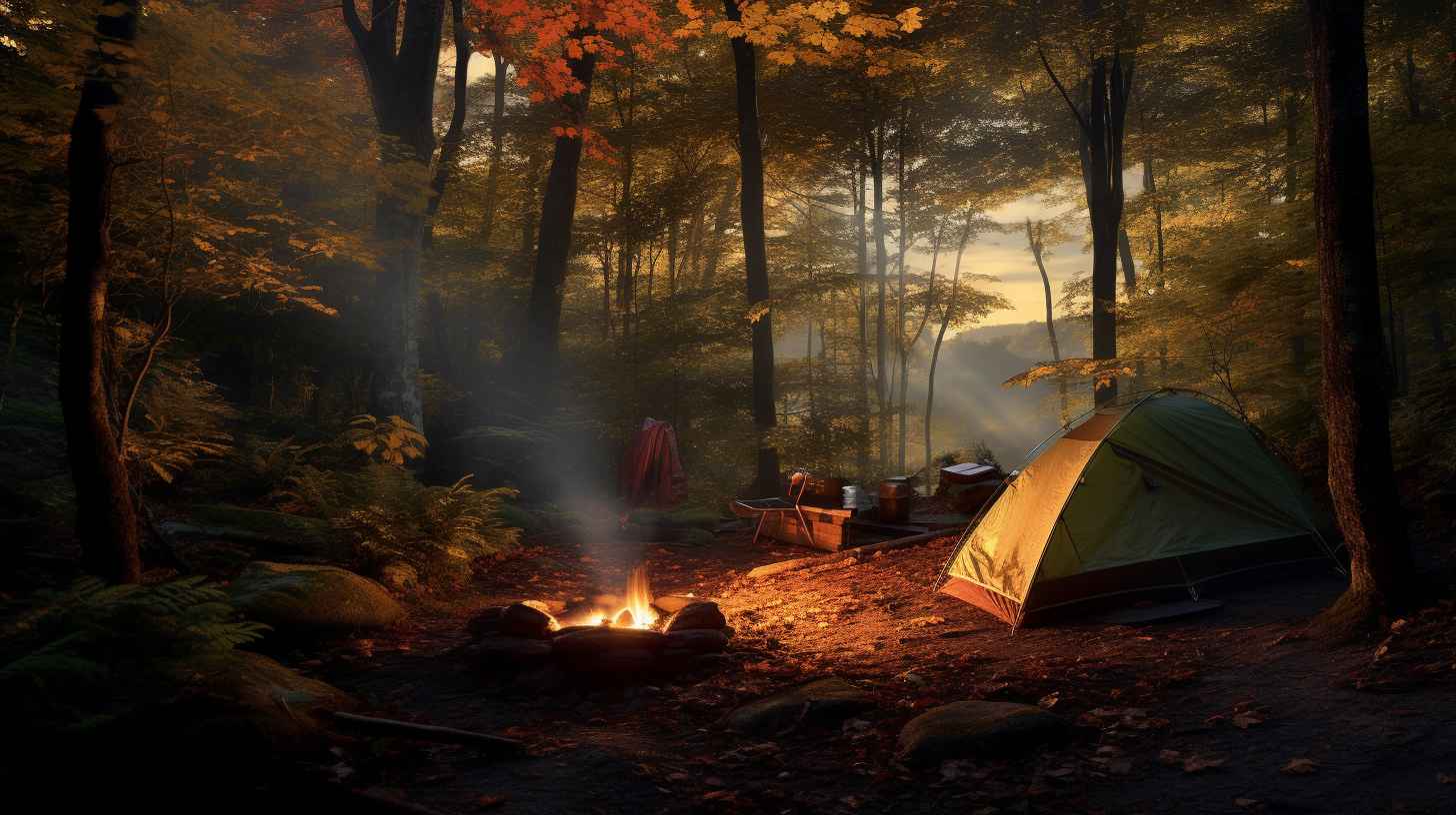 A serene Appalachian Trail campsite with a small tent, campfire, backpacks, and a discreet signpost hinting at permits.