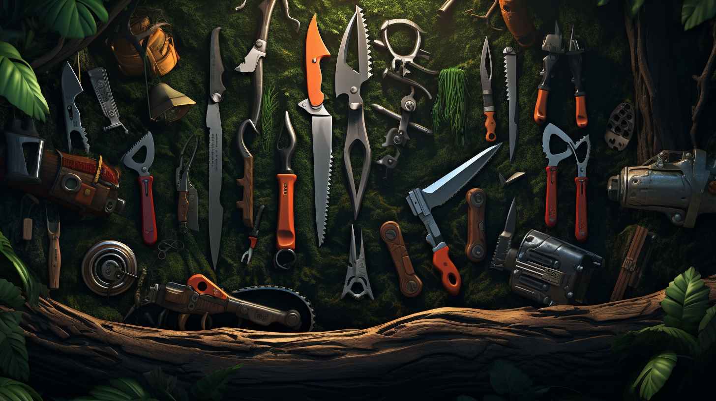 A diverse array of camping tools including a compact folding saw, versatile multi-tool, lightweight hatchet, and sturdy machete, showcasing their functionality and versatility in the outdoors.