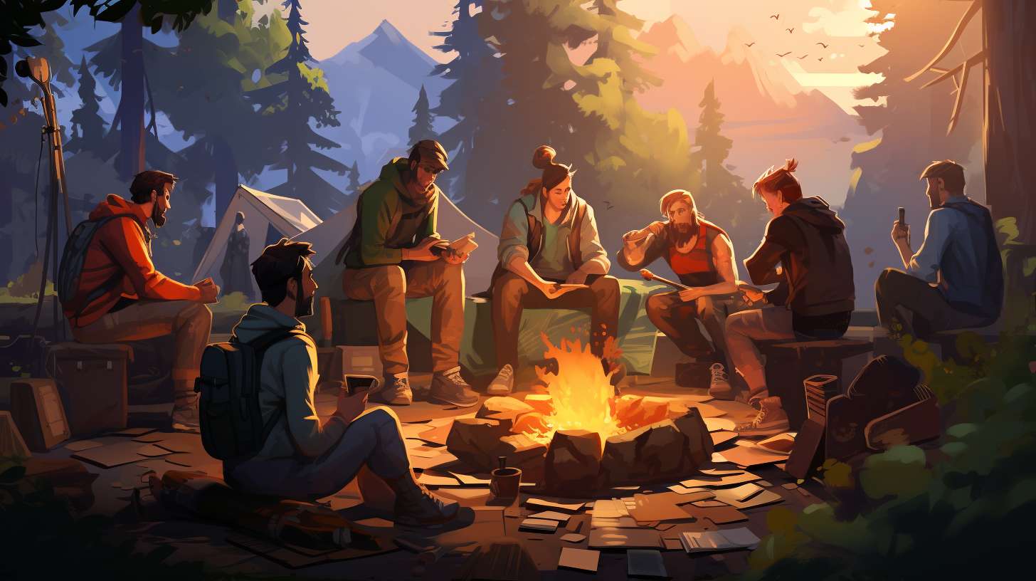 A group of seasoned campers engaged in a lively discussion, surrounded by camping gear. One camper holds an axe, while others attentively listen, emphasizing the importance of expert opinions in determining the need for an axe while camping.