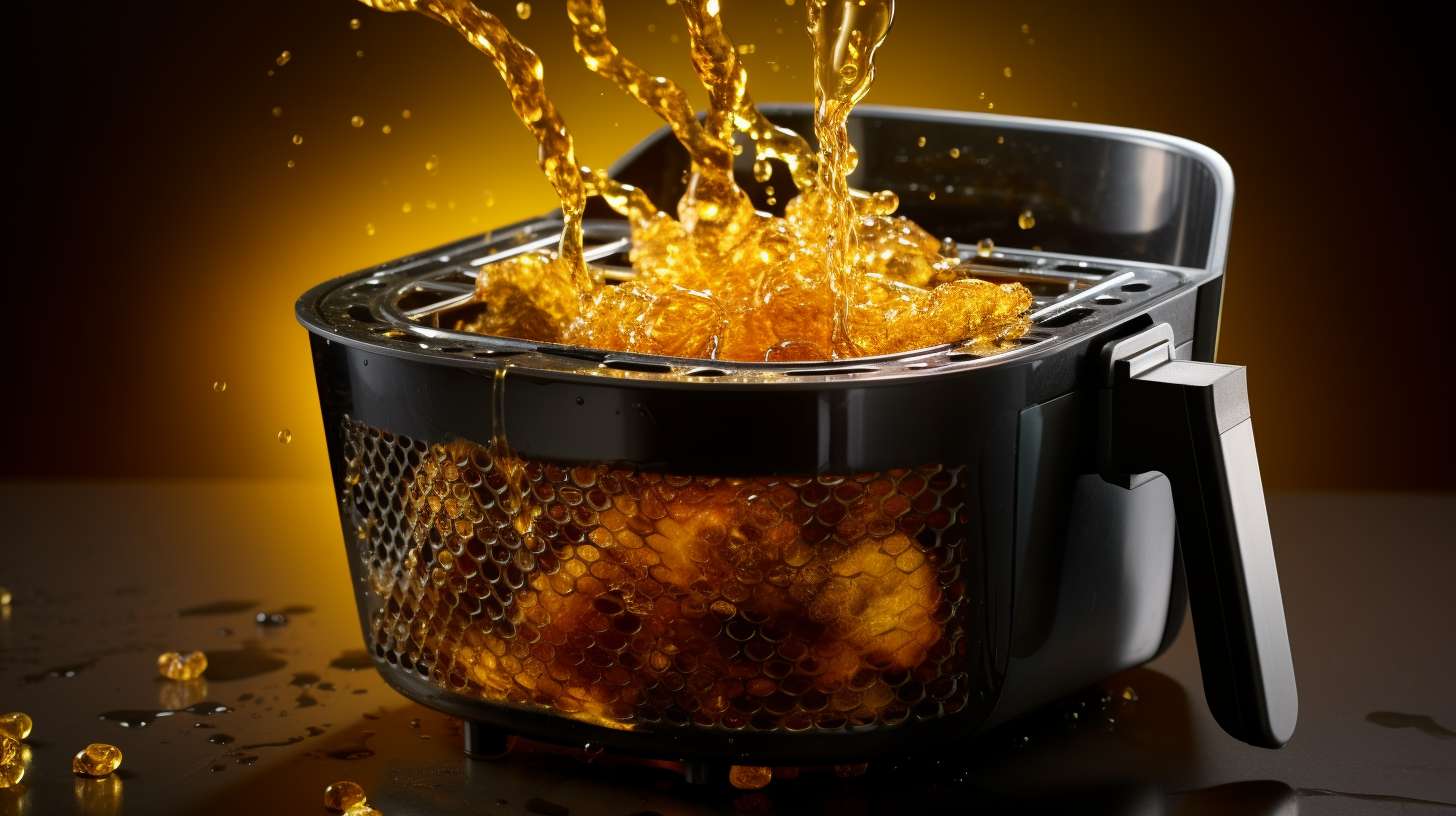 A step-by-step image showcasing an air fryer with a transparent oil reservoir. The image shows a droplet of oil being poured into the fryer basket, demonstrating whether oil is required in an air fryer.