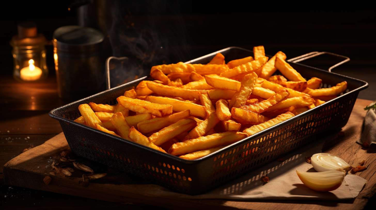 Tray full of golden, crispy french fries emerging from an oil-free air fryer, displaying their irresistible crunch and deliciousness.