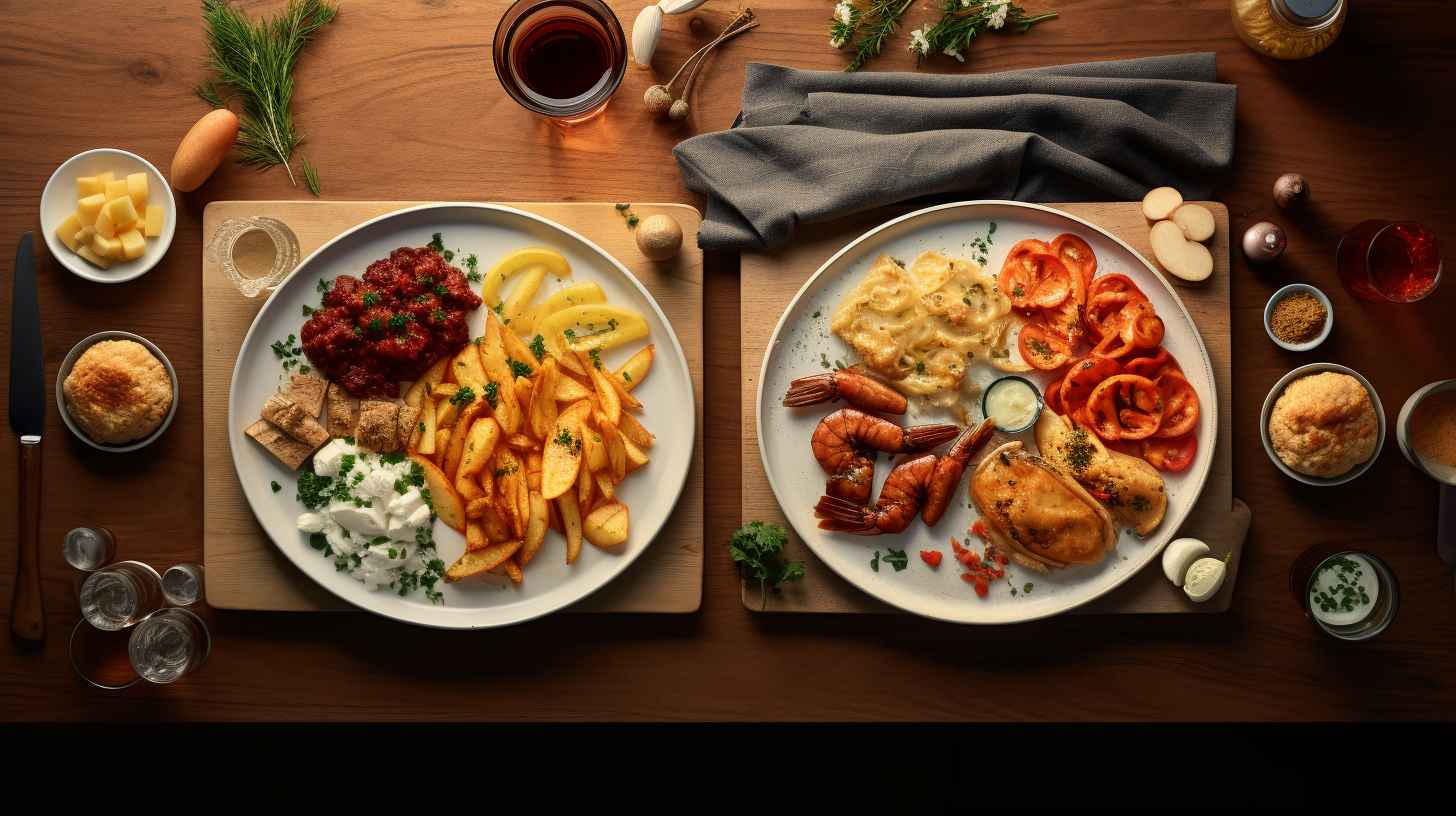 Split-screen view showcasing a variety of oils with different labels on one side, and a mouth-watering assortment of crispy, perfectly cooked dishes prepared without oil in an air fryer on the other side.