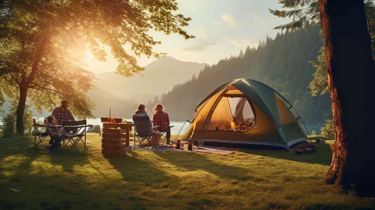 A happy family setting up a tent in a scenic campground surrounded by lush greenery and towering trees.