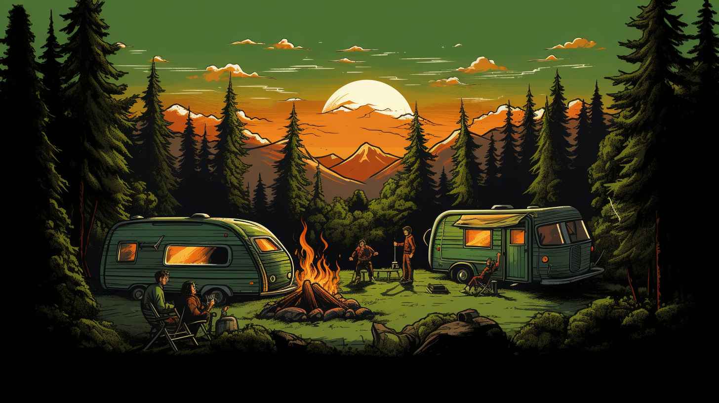 A happy family gathered around a campfire in a serene camping scene, surrounded by lush green forests and mountains.