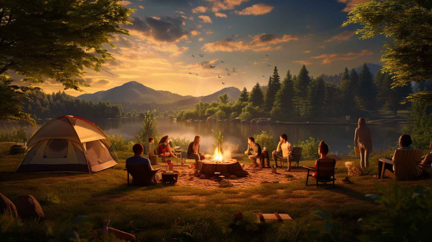 A serene campsite nestled amidst lush greenery, with a family happily gathered around a crackling campfire.