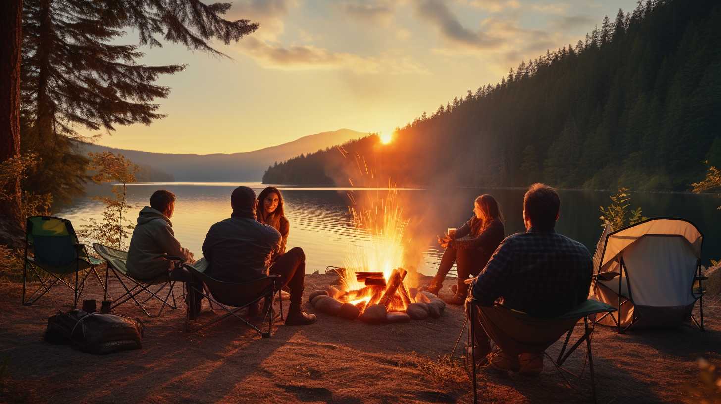 A serene lakeside campsite with a family huddled around a cozy campfire, showcasing AAA's discounts on campground fees, equipment rentals, and outdoor activities.