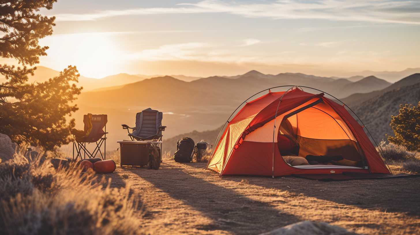 A serene camping scene with an AARP member setting up their tent, surrounded by discounted camping gear like sleeping bags, hiking boots, and cooking equipment from renowned brands.