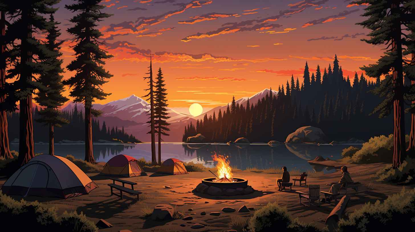 AARP members relaxing around a crackling campfire, surrounded by towering trees and a cozy tent, as the sun sets and casts a warm glow over the scene.