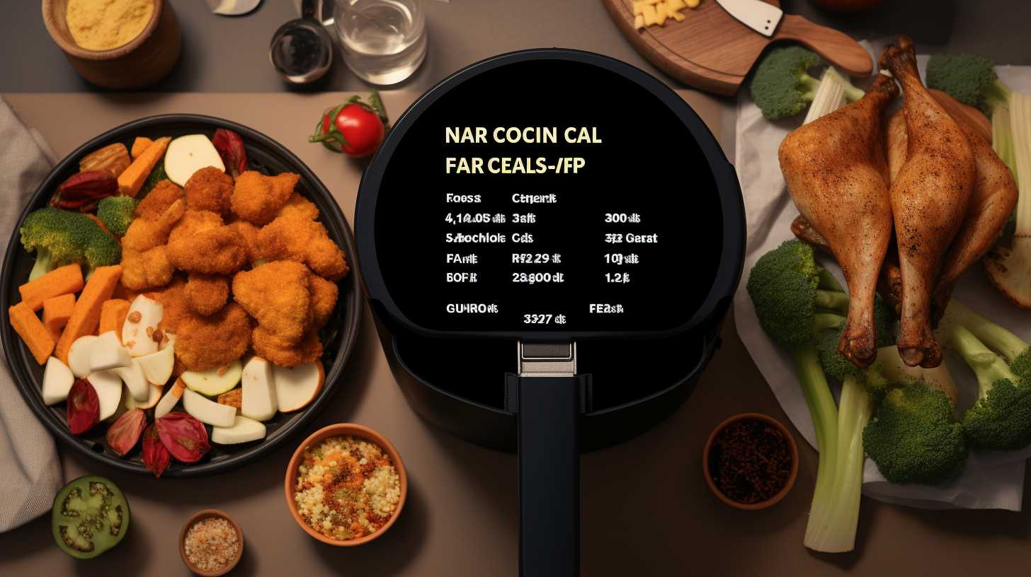 A golden and crispy air fryer filled with various foods, surrounded by a nutritional label displaying the potential calorie increase when using an air fryer.