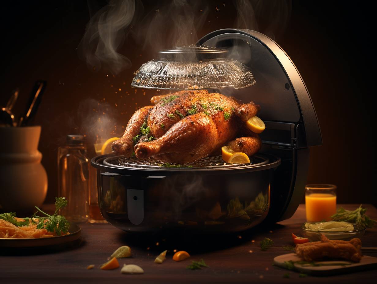 An air fryer with a transparent outer layer, showcasing the transformation of raw ingredients into perfectly crispy and healthy meals through hot circulating air.