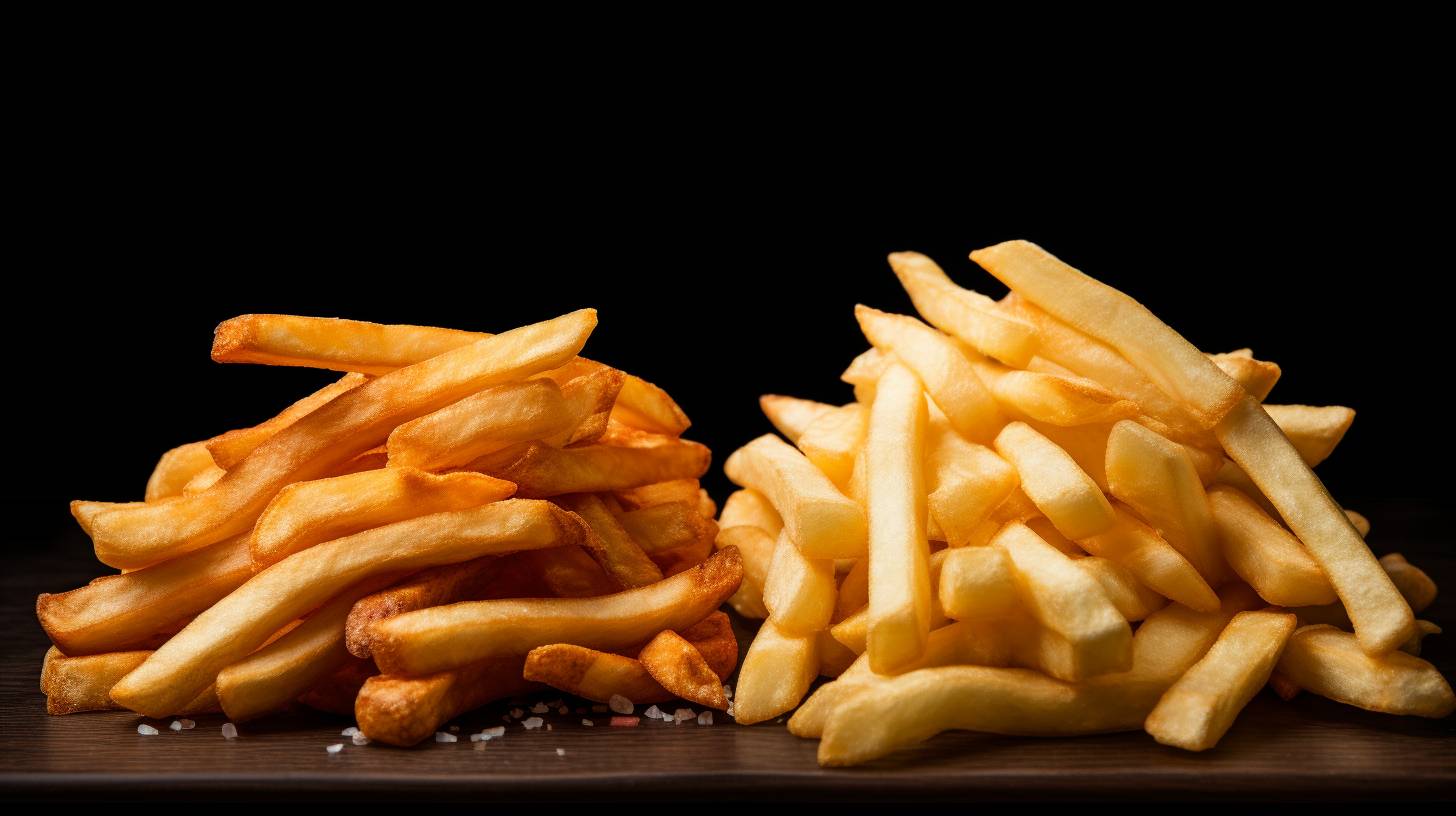 Side-by-side comparison of a traditional deep-fried french fry (left) and an air-fried french fry (right). The air-fried version appears noticeably lighter and less greasy.