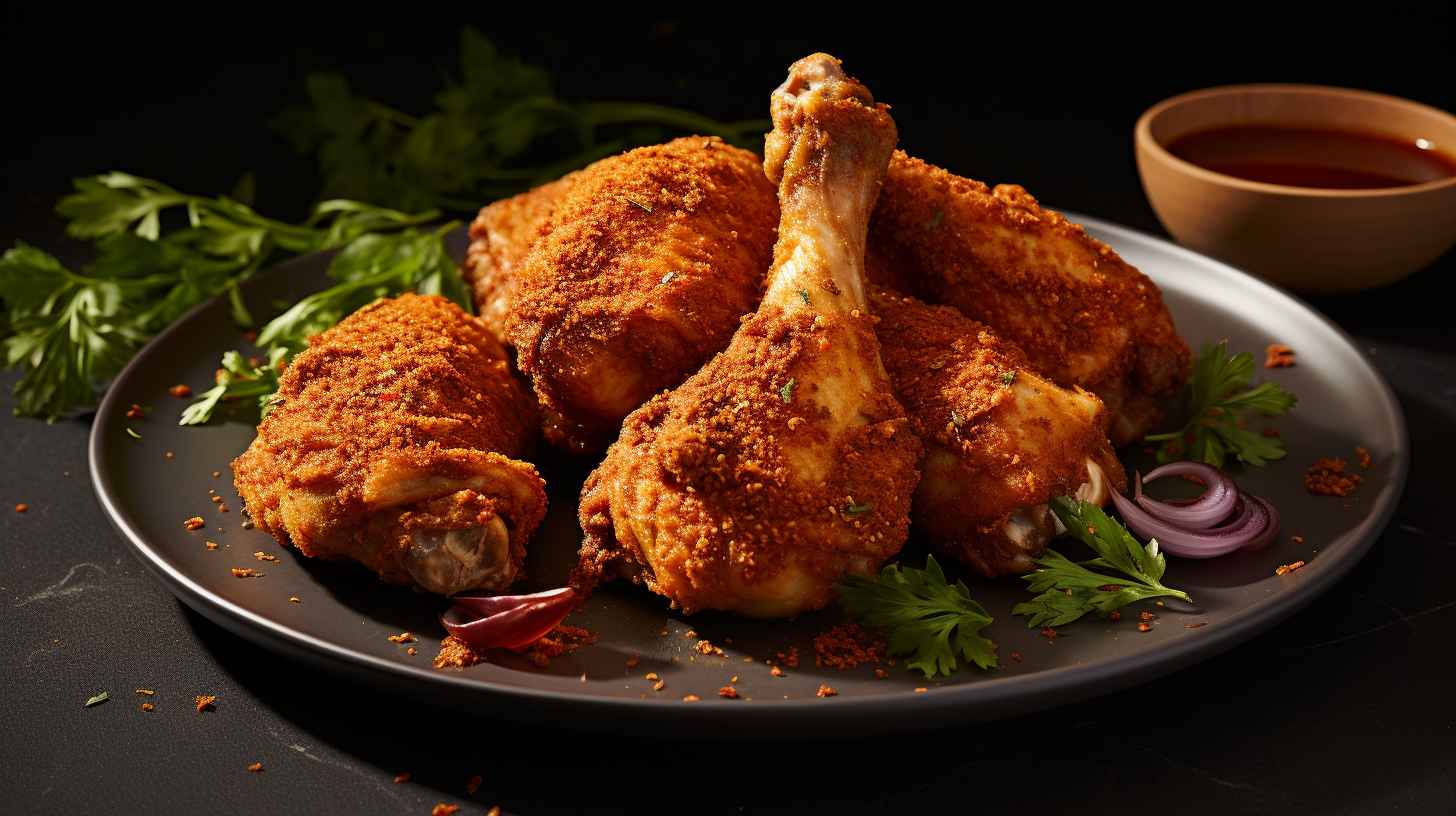 A golden and crispy air-fried chicken drumstick coated in a vibrant blend of aromatic spices, including paprika, garlic powder, and thyme, exuding an appetizing and tantalizing aroma.