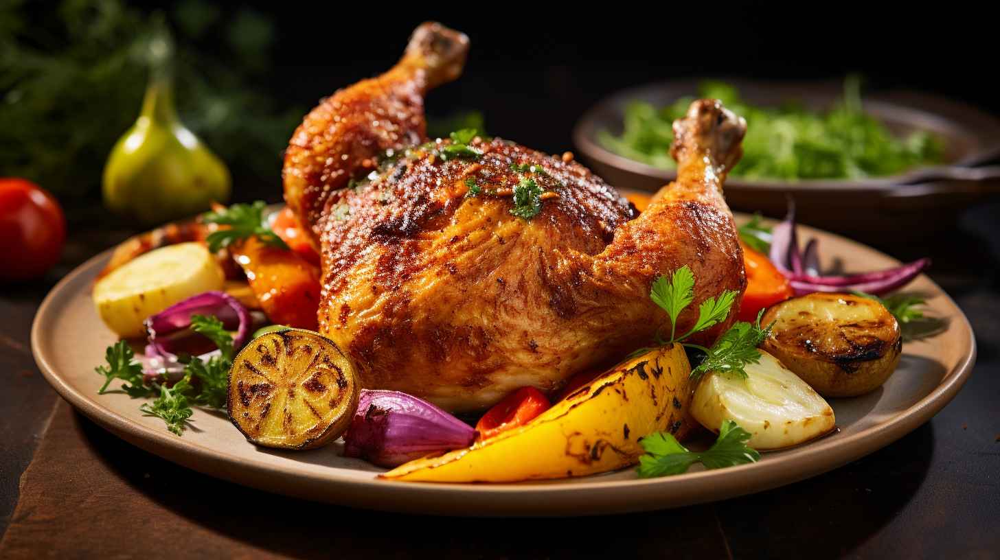 Golden crispy chicken leg fresh out of an air fryer, surrounded by a medley of colorful roasted vegetables, perfectly charred and seasoned, highlighting the delectable flavors of air-fried goodness.