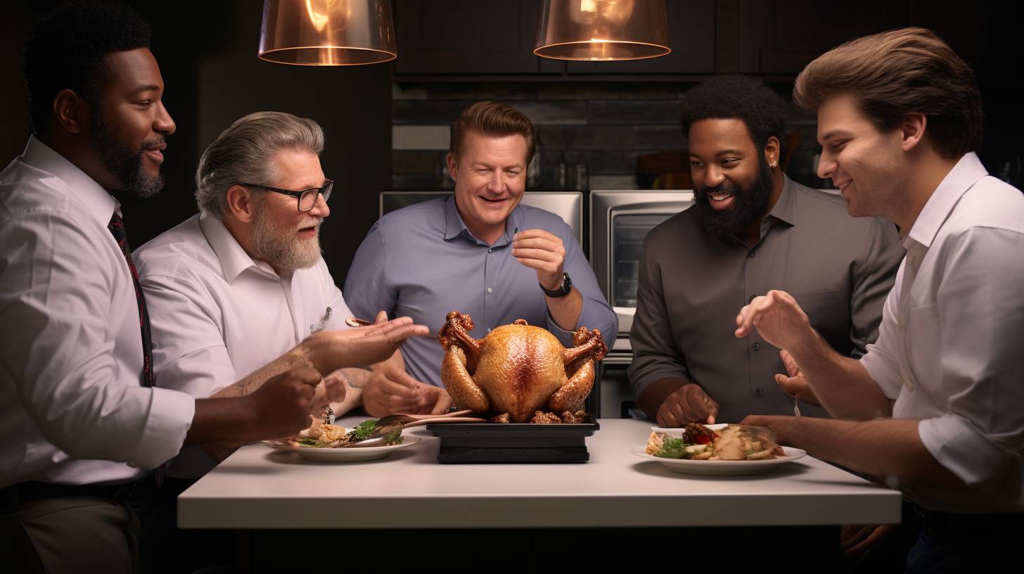 A group of renowned chefs and food critics gathered around a table, tasting air fryer chicken with expressions of surprise, delight, and curiosity on their faces.