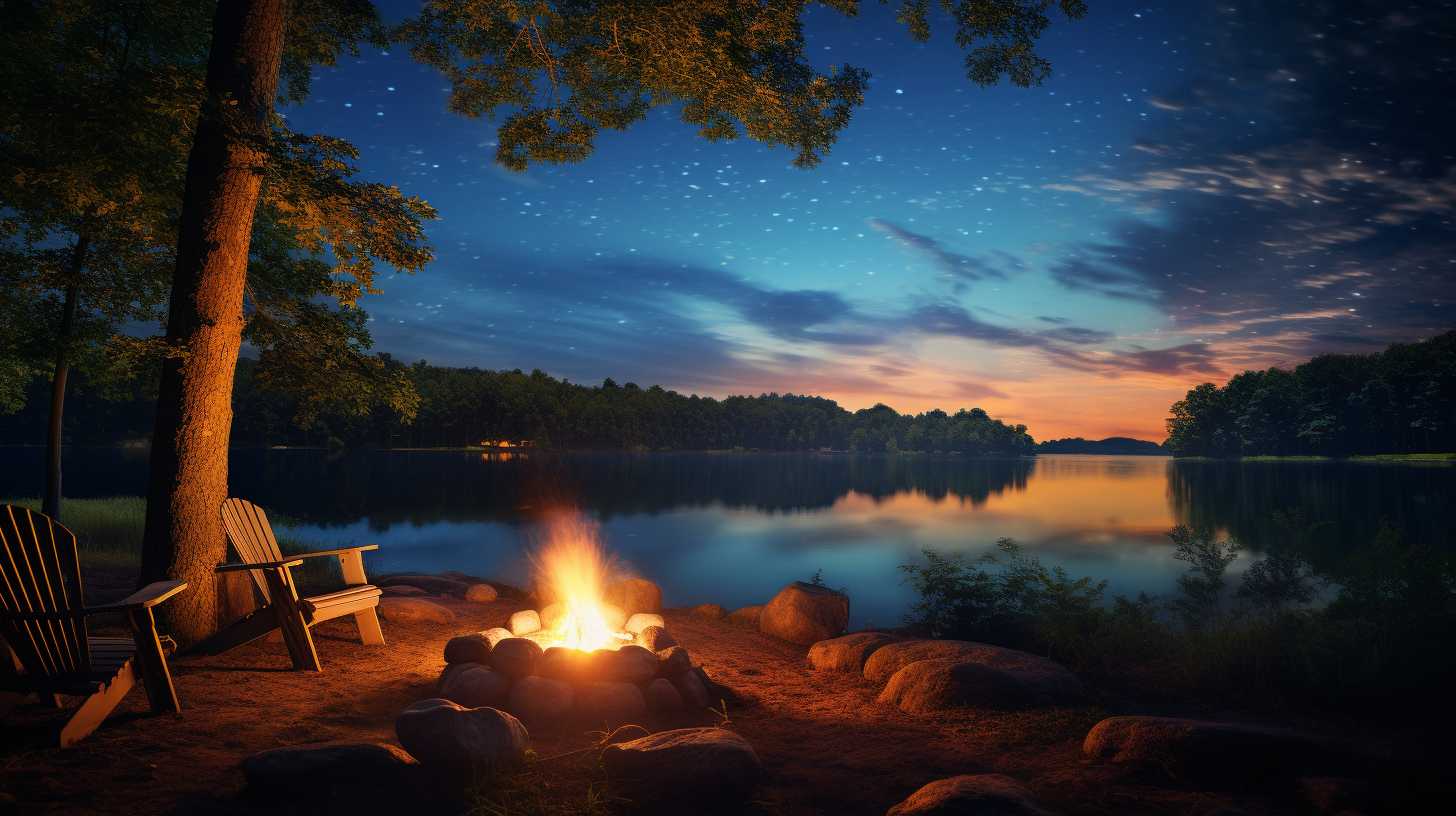 Serene lakeside campsite nestled amidst towering oak trees, with a crackling campfire and a star-filled sky above in Alabama's diverse landscape.