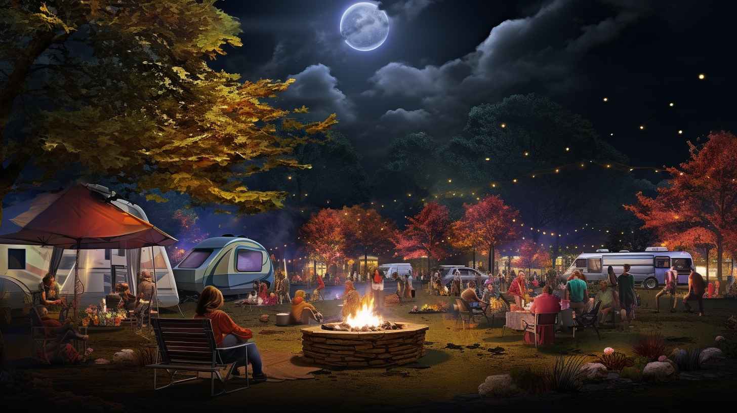 Serene night scene outside Allstate Arena with campers enjoying a cozy campfire and lively atmosphere