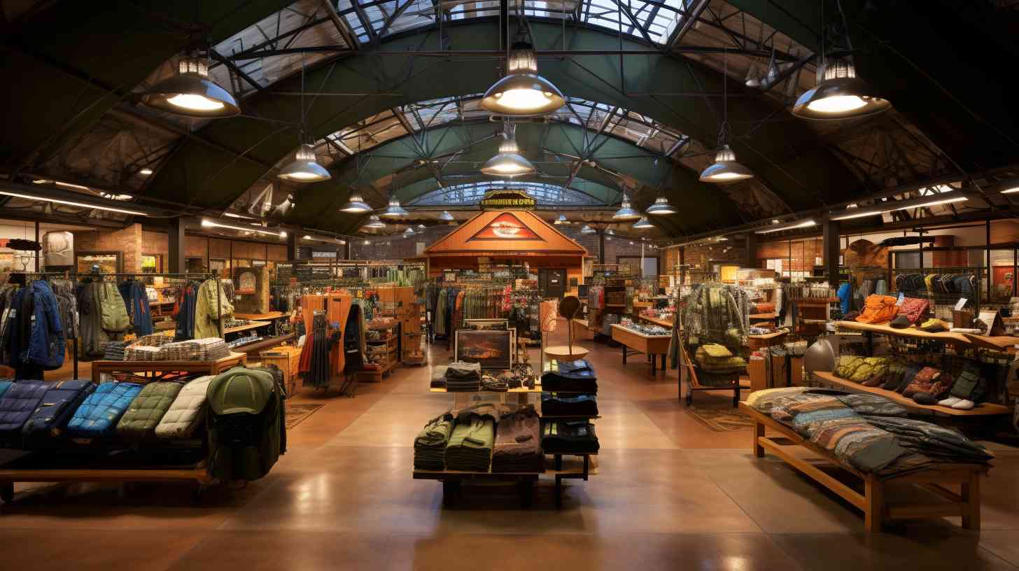 A sprawling Bass Pro store filled with a wide array of meticulously organized camping gear sections, including tents, sleeping bags, backpacks, cooking equipment, and hiking essentials.