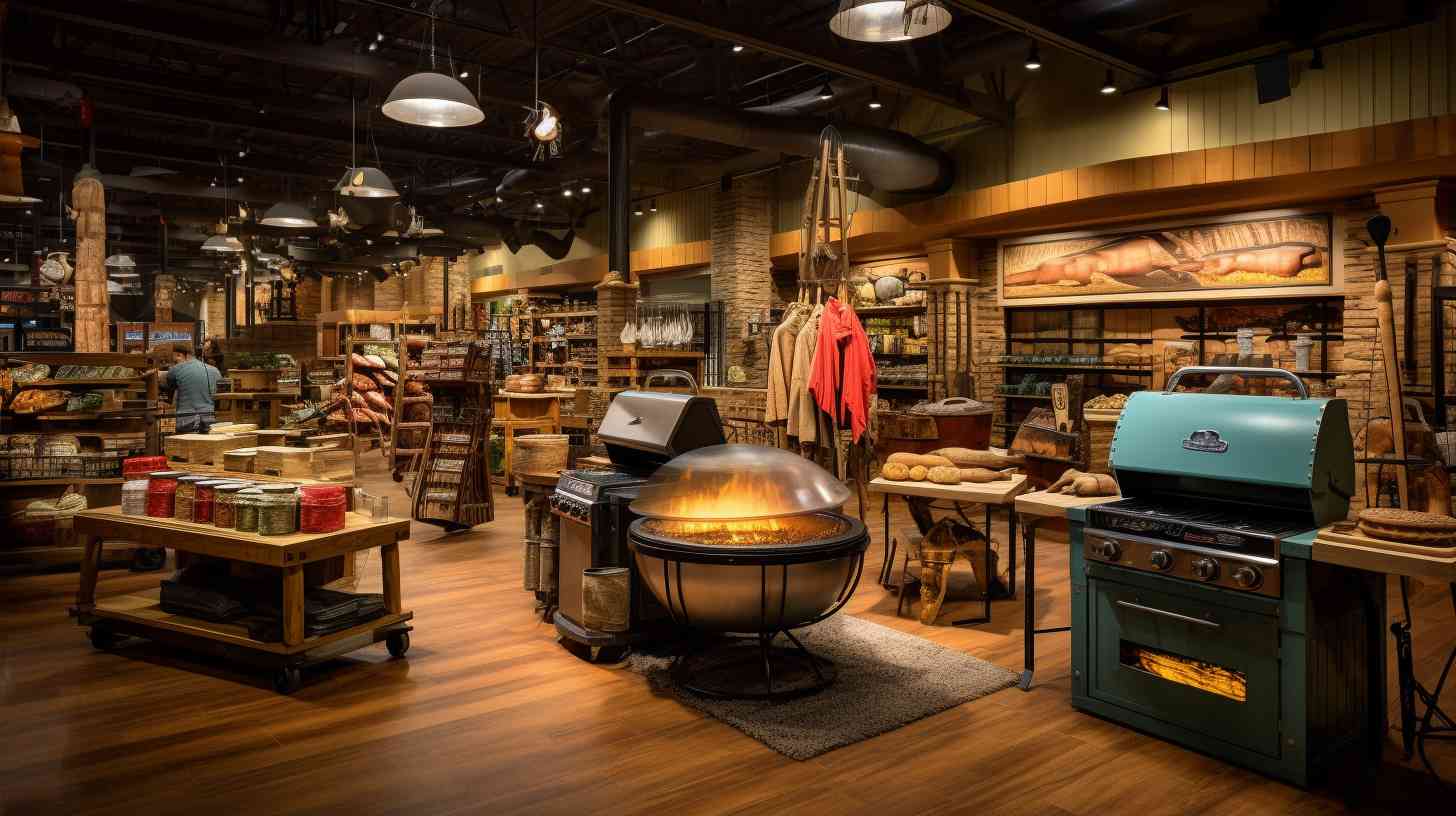 A well-stocked Bass Pro shop aisle filled with camping cooking equipment including portable stoves, cast iron cookware, utensils, and stainless steel grills.