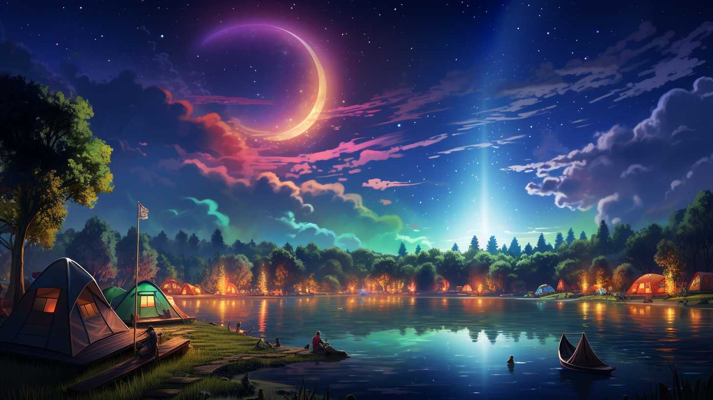 A serene lakeside setting at Bassfest with colorful tents, lush green trees, campers enjoying a bonfire under a starry sky, and the moon casting a gentle glow over the tranquil campground.