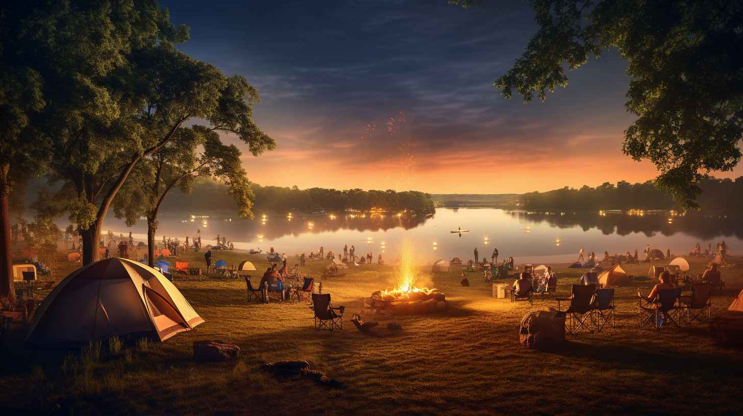 A tranquil lakeside scene at Bassfest featuring a spacious campsite with a cozy tent, crackling campfire, and a picturesque view of the stage in the distance.