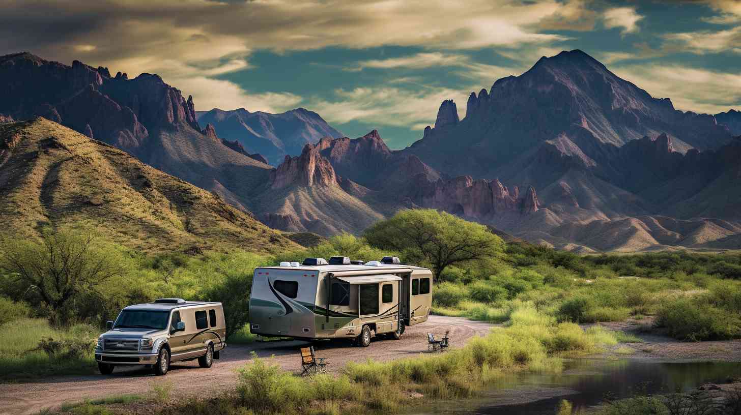 RVs parked near the scenic Rio Grande River with the majestic Chisos Mountains in the background, as campers enjoy the serene beauty of Big Bend National Park.