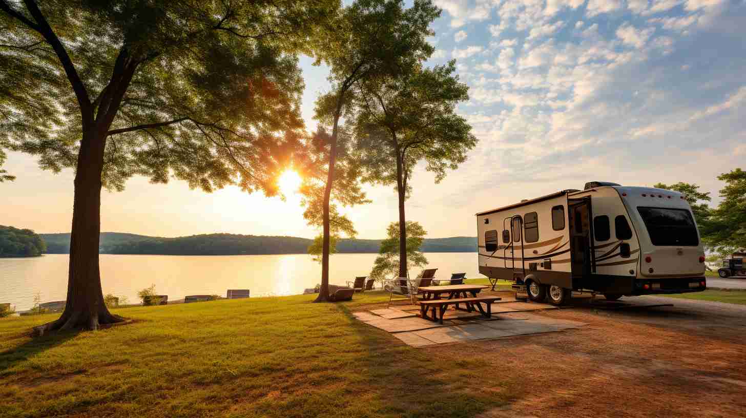 Tranquil lakeside view of Big Cedars RV camping with nearby hiking trails, fishing spots, and picnic areas.