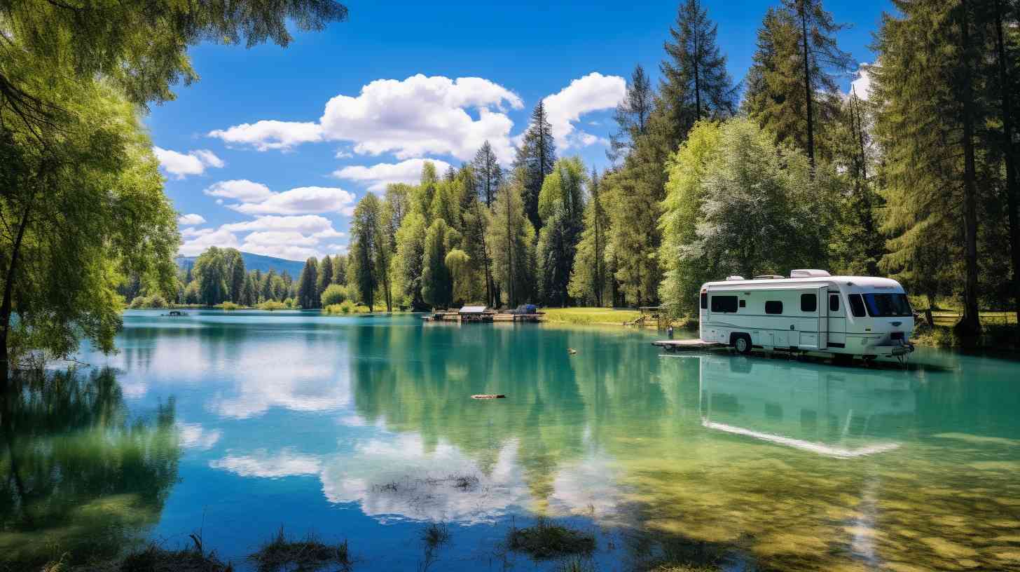 A picturesque RV campground nestled amidst lush green forests, with spacious gravel pads, full hookups, picnic tables, fire rings, and a serene lake for swimming and fishing at Blue Springs.