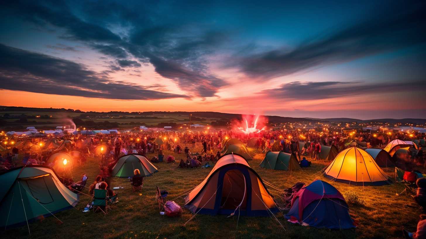 A vibrant camping area at Boardmasters Festival, with colorful tents nestled amidst lush green fields, cozy bonfires glowing under a starry sky, and festival-goers enjoying outdoor activities and live music in the background.