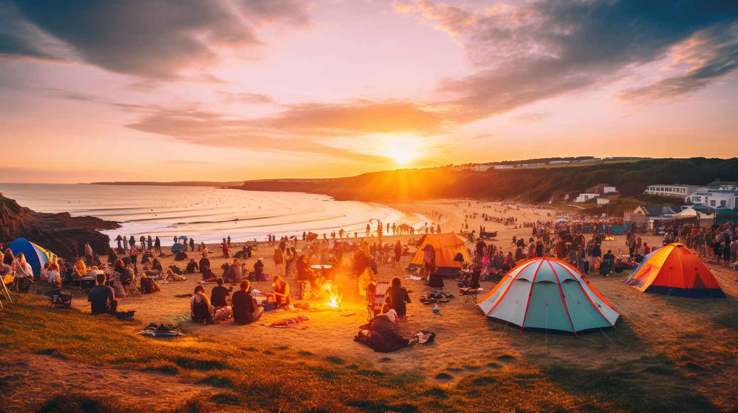 A vibrant tent nestled amidst a scenic coastal backdrop. Campers unwinding around a bonfire, surrounded by surfboards, hammocks, fairy lights, and cozy seating arrangements at Boardmasters Festival.