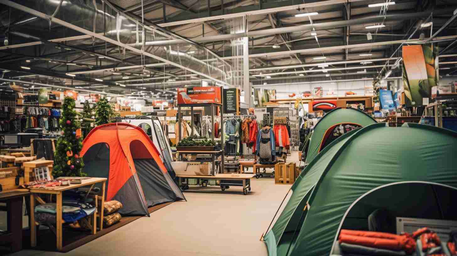 A vibrant Bunnings store aisle filled with an extensive range of top-quality camping gear such as tents, sleeping bags, portable stoves, and hiking equipment, inviting readers to explore the question