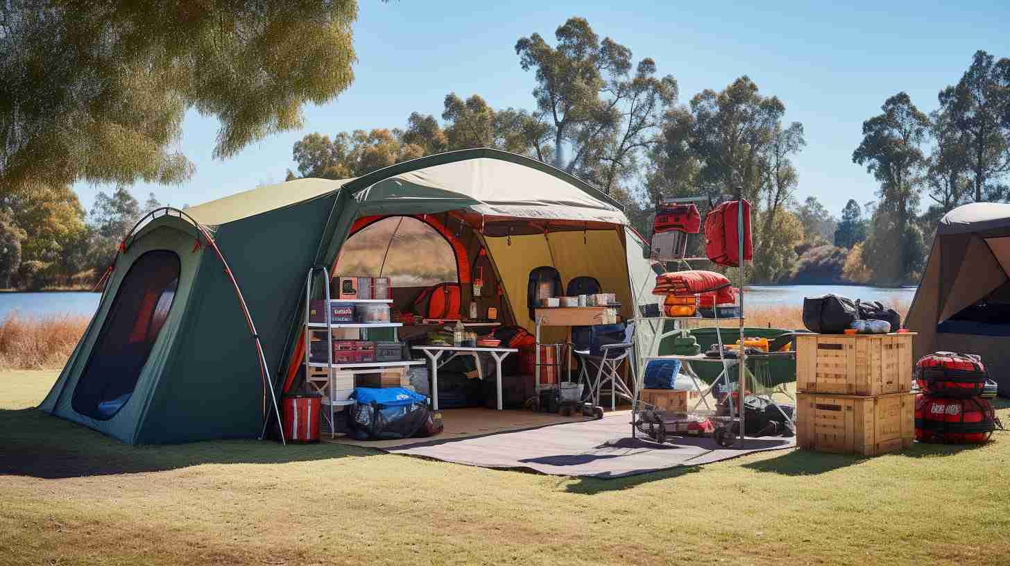 A well-organized display of high-quality camping accessories and essentials including tents, sleeping bags, portable stoves, lanterns, and other gear, inviting outdoor enthusiasts to explore Bunnings extensive selection.