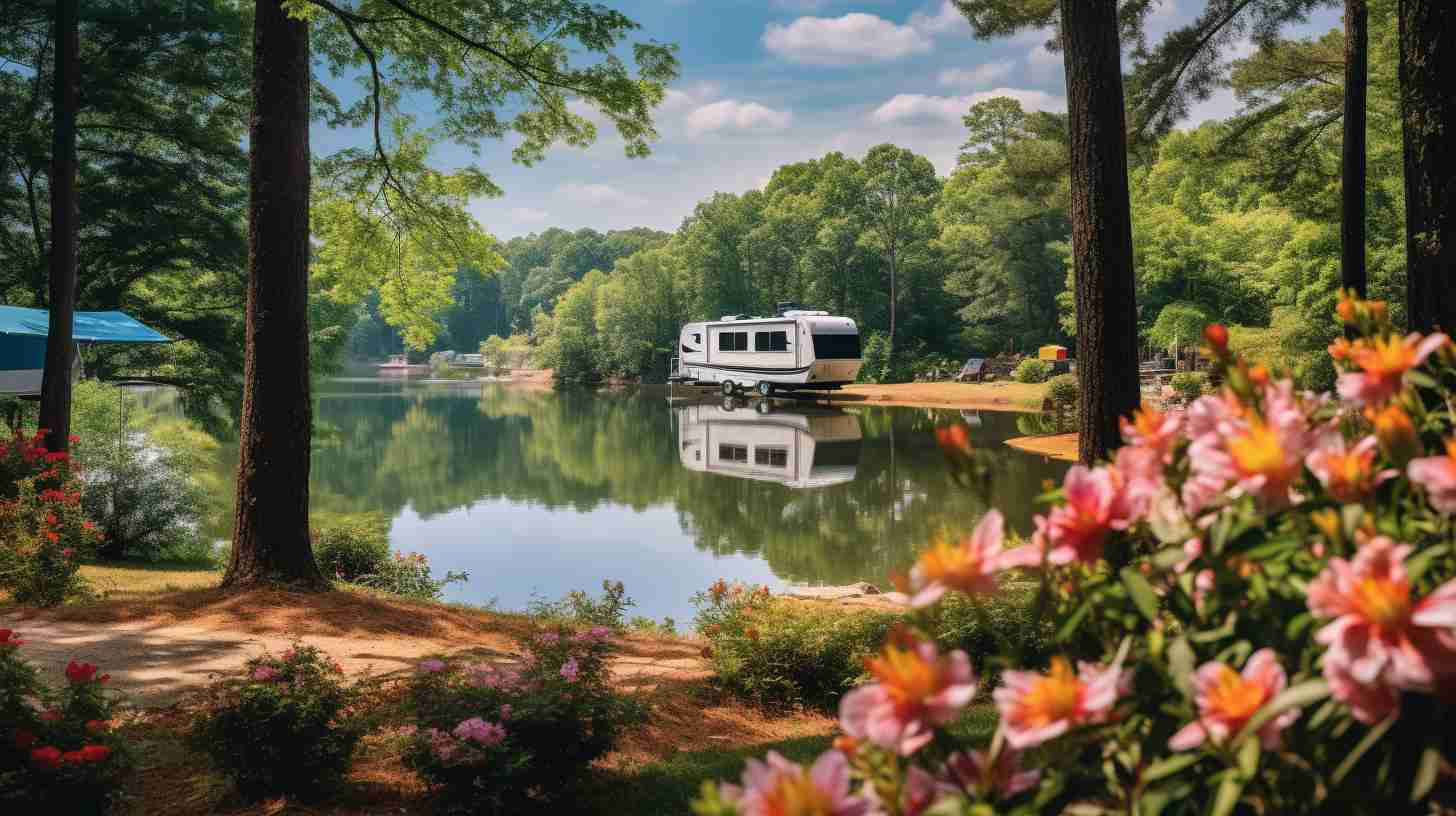 A serene campground nestled among lush greenery, with towering trees, colorful flowers, and a tranquil lake reflecting the vibrant scenery at Callaway Gardens.