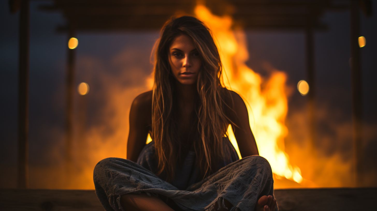 A person sitting by a campfire, enjoying the warmth and flickering flames.