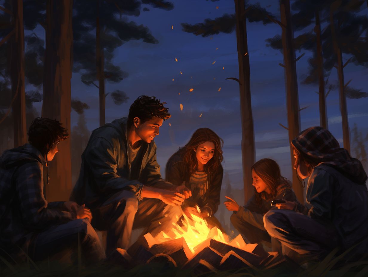 A serene camping scene at dusk with a glowing campfire surrounded by a group of friends. Some individuals have clear, radiant skin, while a few others display mild acne symptoms.