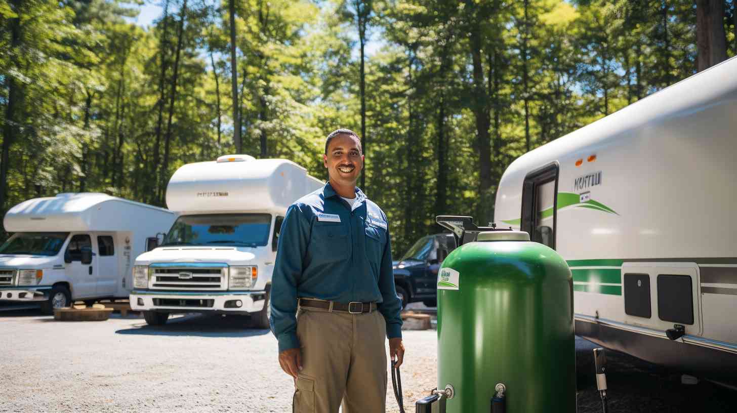 A Camping World employee in a green uniform expertly filling a customers propane tank at a vibrant green propane filling station with towering pine trees and a clear blue sky in the background.