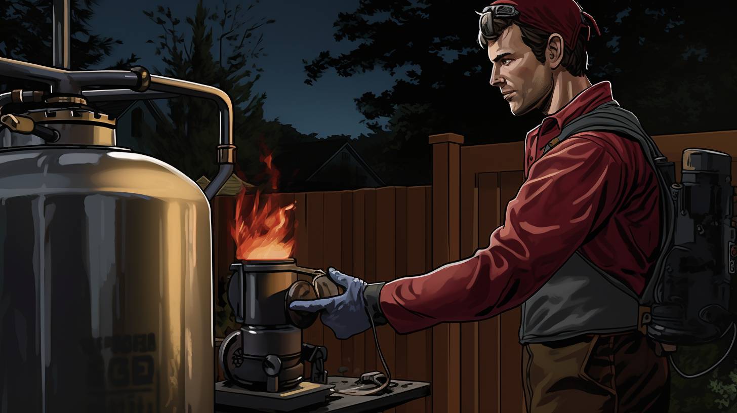 A person wearing protective gloves confidently connects a propane tank to a camping stove in a well-ventilated outdoor setting. The tank is upright, and there is a clear no smoking sign nearby.