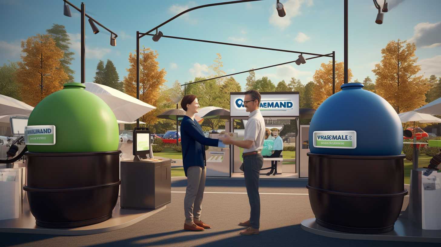 Diverse range of propane tanks neatly organized on Camping World's counter. A customer hands over cash while an employee operates the payment system, showcasing the convenience and transparency of pricing and payment options.