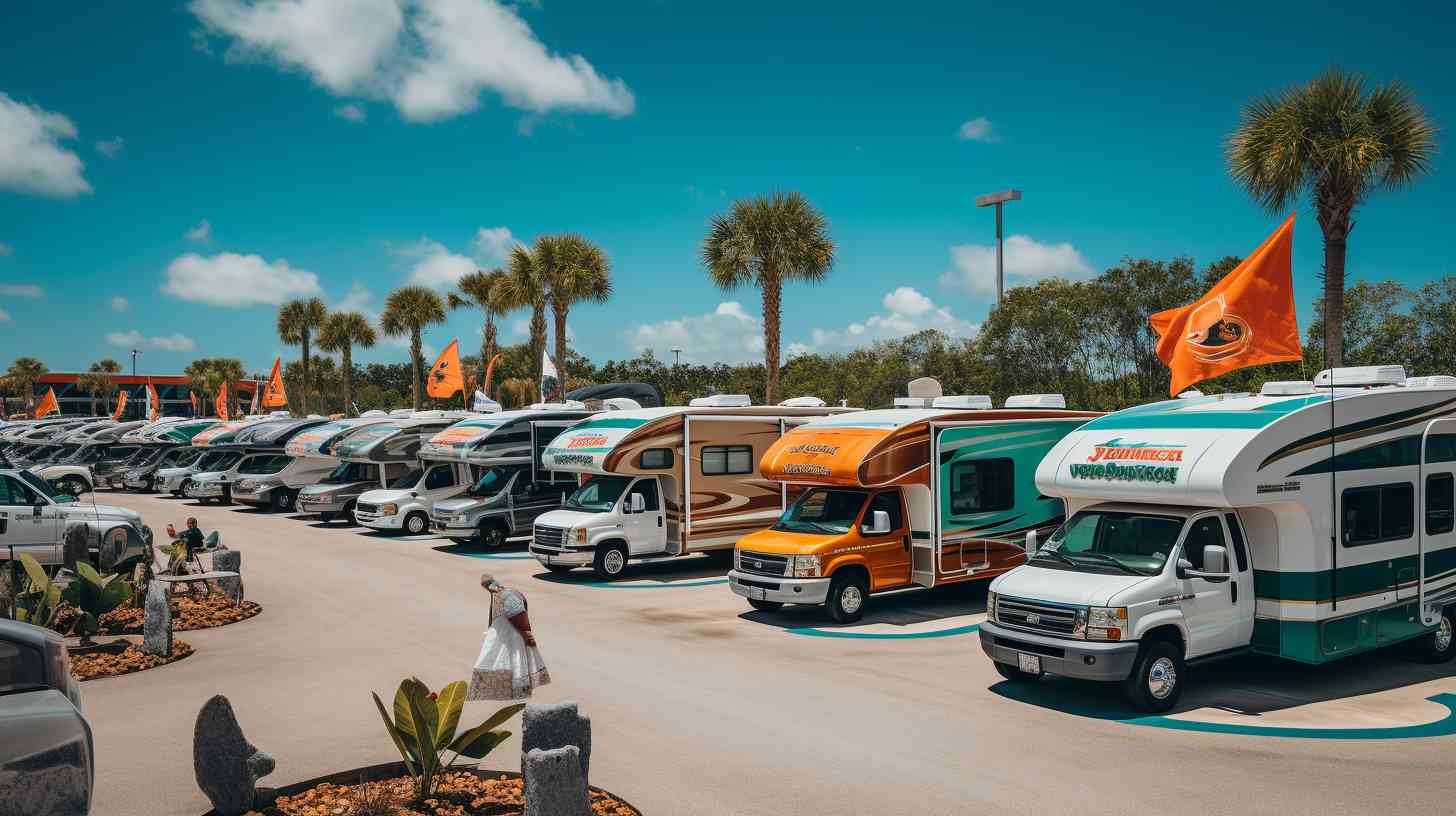 A vibrant display of rental campers lined up neatly in a spacious lot, showcasing the diversity of campers available for adventure and exploration.